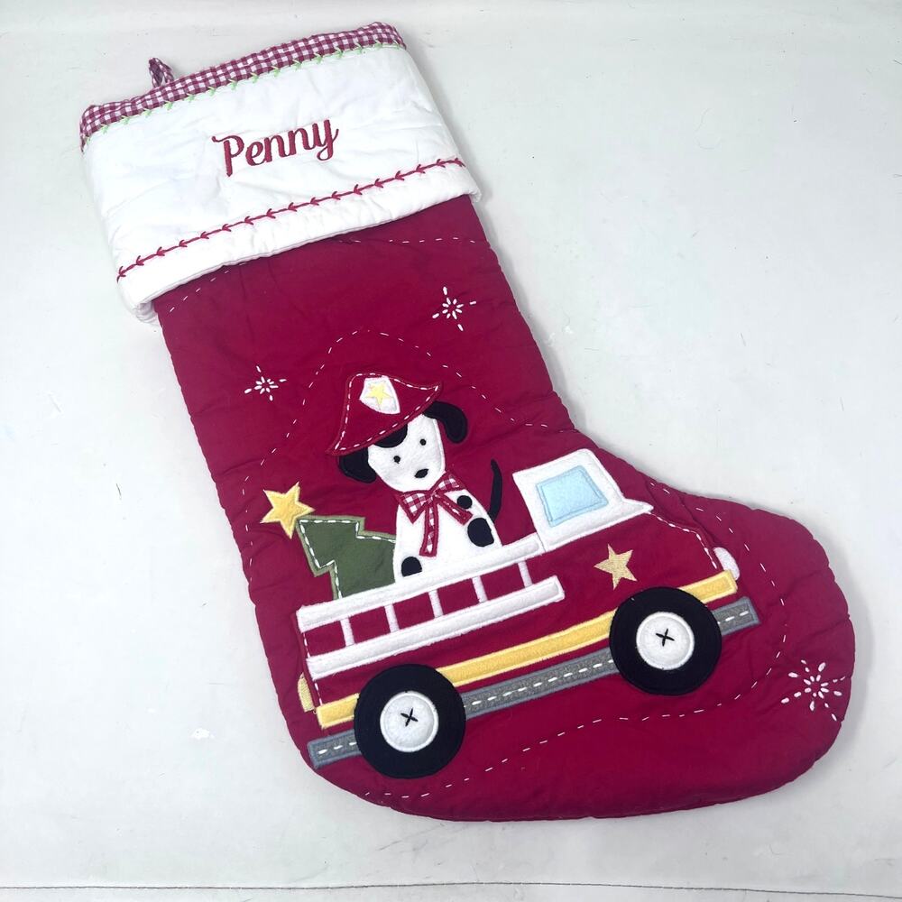 Pottery Barn Kids Red Quilted Stocking Christmas Dog Fire Truck Mono Name‎ Penny